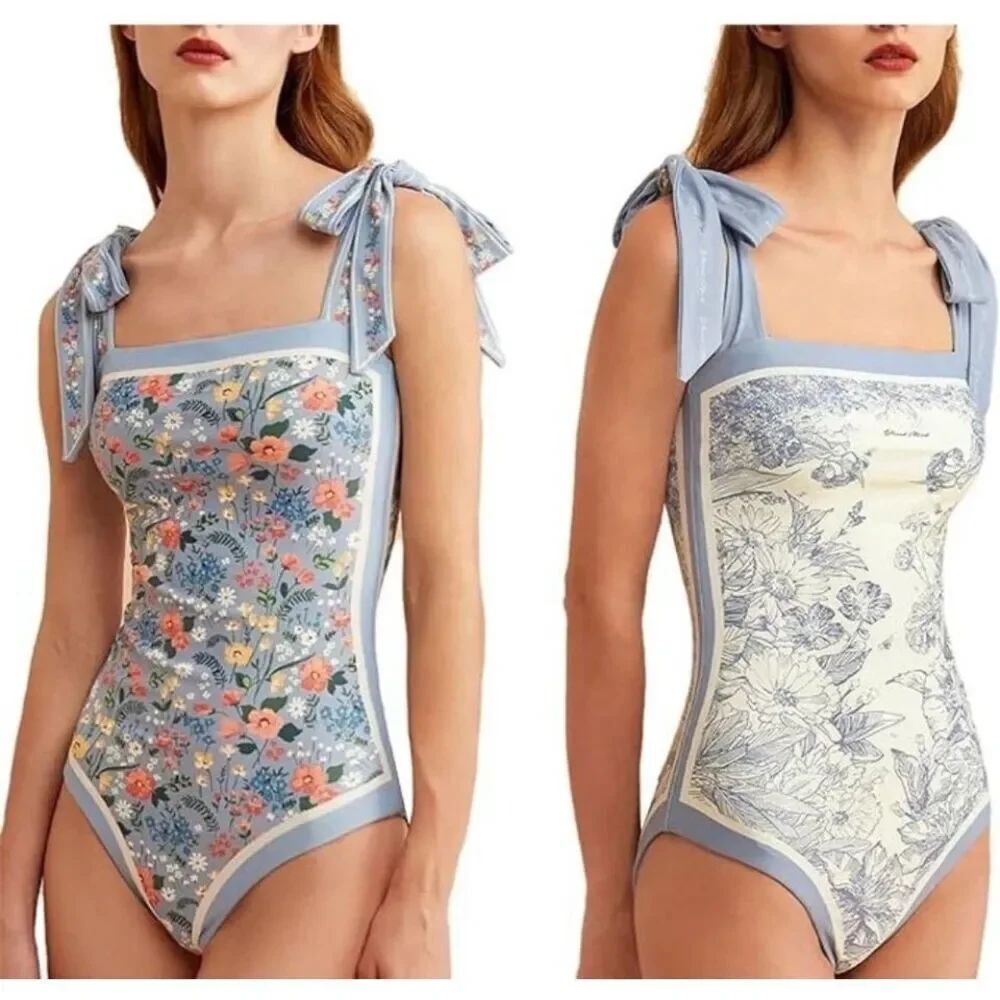 Visual Swim reversible light blue floral one piece swimsuit with shoulder ties -